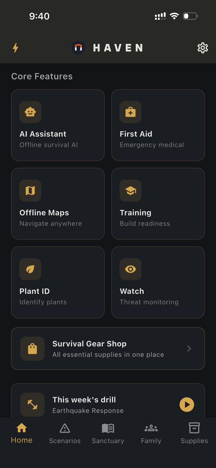 HAVEN core features - AI Assistant, First Aid, Maps, Training, Plant ID, Watch, Gear Shop